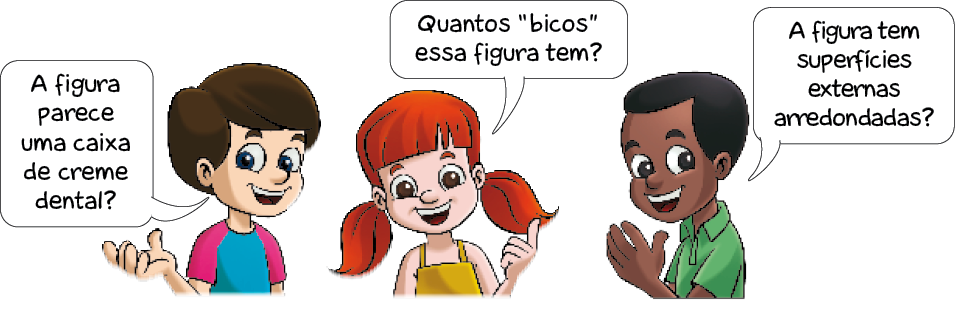 Imagem: Ilustração. À esquerda, um menino com cabelo preto e camiseta azul está com a mão direita virada para cima. Ele pergunta: A figura parece uma caixa de creme dental? No centro, uma menina ruiva com regata amarela está com o dedo indicador levantado. Ela pergunta: Quantos “bicos” essa figura tem? À direita, um menino com cabelo preto e camiseta verde está com a mão esquerda virada para cima. Ele pergunta: A figura tem superfícies externas arredondadas? Fim da imagem.