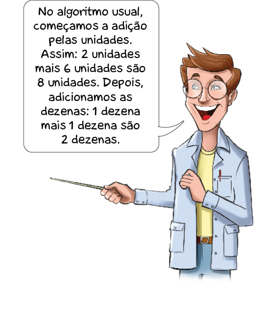 Imagem: Ilustração. Um homem com cabelo castanho-claro, óculos, jaleco e calça está segurando um objeto pontudo. Ele sorri e fala: No algoritmo usual, começamos a adição pelas unidades. Assim: 2 unidades mais 6 unidades são 8 unidades. Depois, adicionamos as dezenas: 1 dezena mais 1 dezena são 2 dezenas.  Fim da imagem.