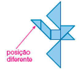 Imagem: Ilustração. Figura de Ademir: Figuras geométricas formando um pássaro com pescoço reto e as duas asas para frente. Resposta: posição diferente (pescoço reto).   Fim da imagem.