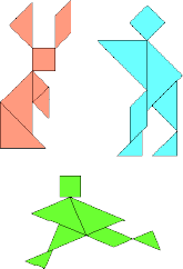 Imagem: Ilustração. Figuras geométricas formando um coelho, uma pessoa com o braço esticado e uma pessoa correndo.  Fim da imagem.