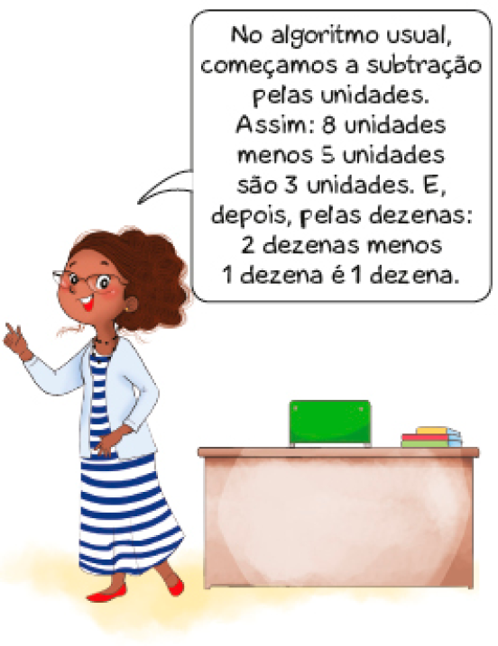 Imagem: Ilustração. Uma mulher com cabelo encaracolado, óculos e jaleco está sorrindo e apontando para cima. Ela diz: No algoritmo usual, começamos a subtração pelas unidades. Assim: 8 unidades menos 5 unidades são 3 unidades. E, depois, pelas dezenas: 2 dezenas menos 1 dezena é 1 dezena. Fim da imagem.