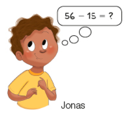 Imagem: Ilustração. Jonas, menino com cabelo encaracolado e camiseta amarela. Ele sorri, olha para cima e pensa: 56 – 15 = ?.   Fim da imagem.