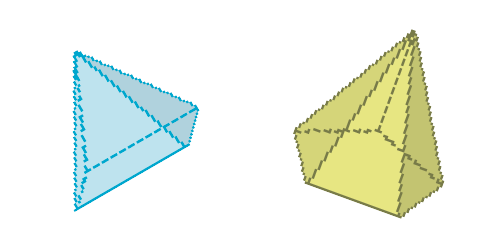 Imagem: Ilustração. À esquerda, pirâmide azul com base quadrada. À direita, pirâmide verde com base pentagonal. Fim da imagem.