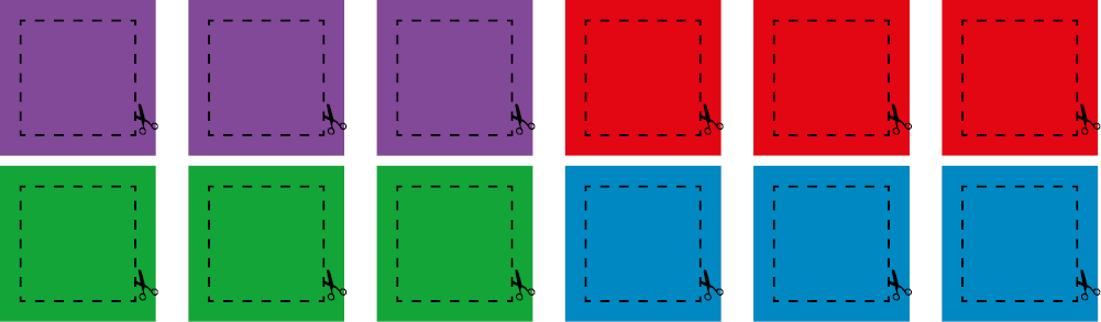 Imagem: Ilustração. Quadrados com linhas pontilhadas em volta para recortar. Três quadrados roxos, três quadrados vermelhos, três quadrados verdes e três quadrado azuis. Fim da imagem.