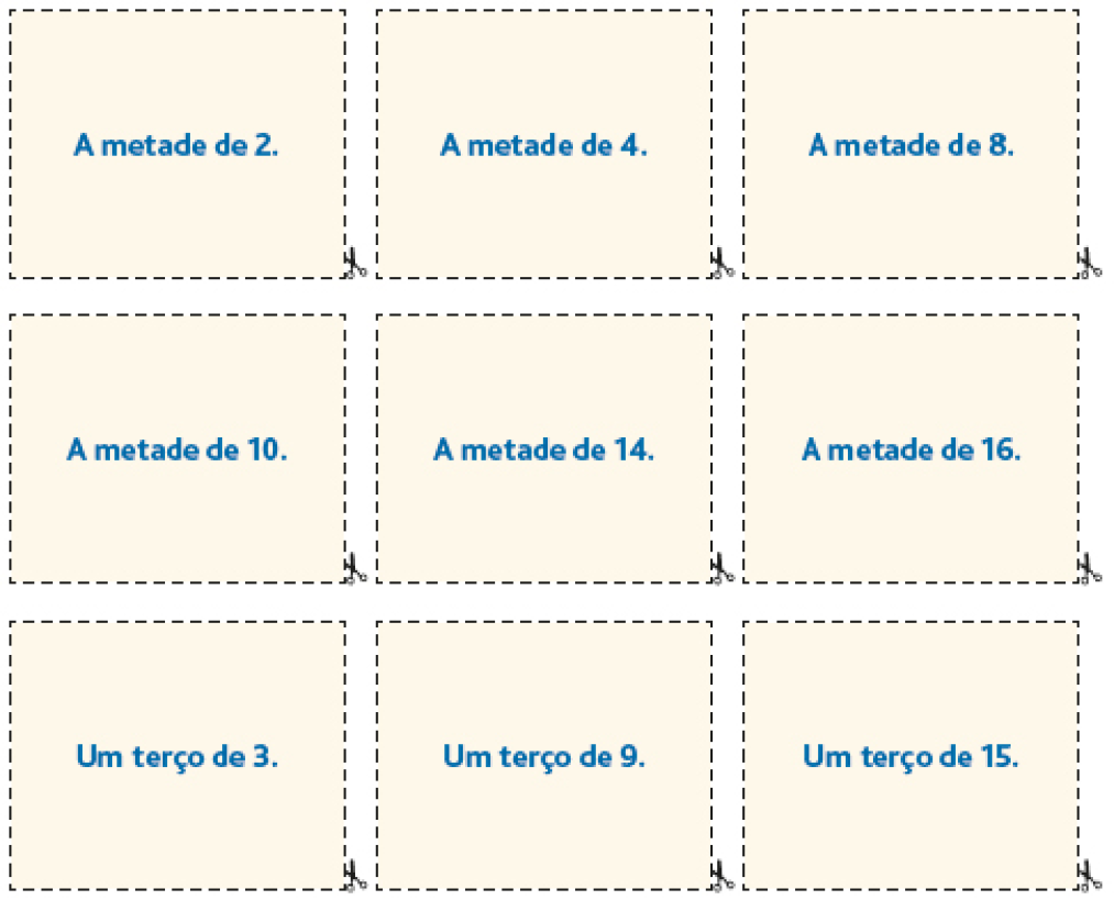 Imagem: Ilustração. Cartas com linhas pontilhadas em volta para recortar. De cima para baixo e da esquerda para a direita: A metade de 2; A metade de 4; A metade de 8; A metade de 10; A metade de 14; A metade de 16; Um terço de 3; Um terço de 9; Um terço de 15. Fim da imagem.