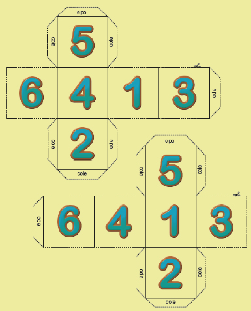  Ilustração. Planificação. No centro há quatro quadrados com os números: 6, 4, 1, 3. Acima do número 4, um quadrado com o número 5 e abaixo do número 4, um quadrado com o número 2. Em volta há uma linha pontilhada para recorte e abas para dobrar e colar.Abaixo, Planificação. No centro há quatro quadrados com os números: 6, 4, 1, 3. Acima do número 1, um quadrado com o número 5 e abaixo do número 1, um quadrado com o número 2. Em volta há uma linha pontilhada para recorte e abas para dobrar e colar.