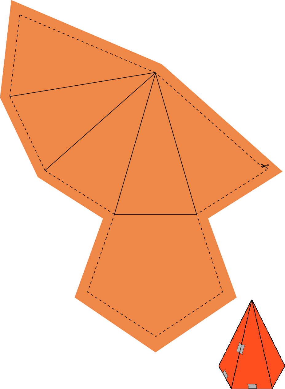 Ilustração. Planificação. Figura composta por cinco triângulos com linhas de dobra no meio. E abaixo do quarto triângulo há um pentágono. Em volta há linhas pontilhadas para recortar.Abaixo, uma pirâmide com base pentagonal. As laterais estão coladas com fita adesiva. 