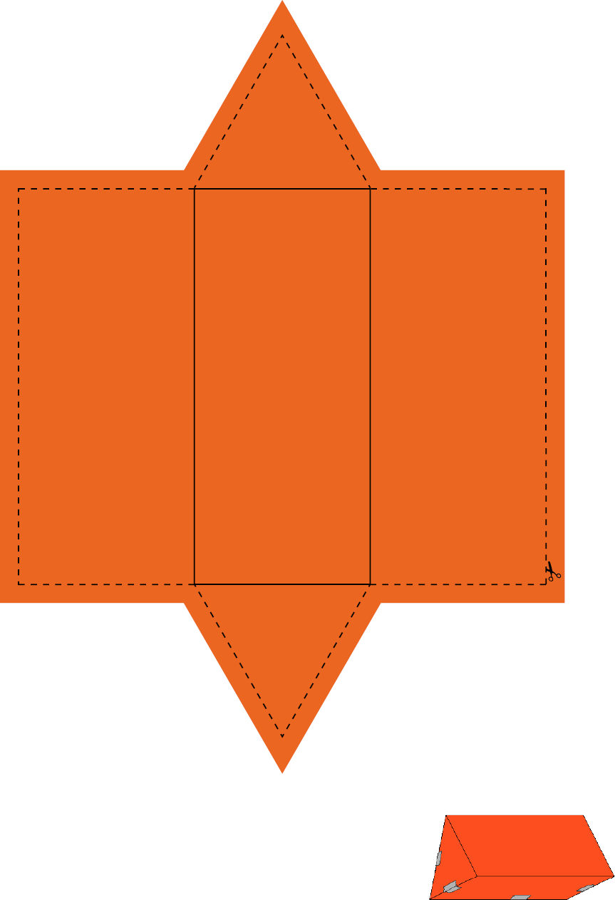 Ilustração. Planificação. Figura composta por três retângulos com linhas de dobra no meio. Acima e abaixo do segundo retângulo há um triângulo. Em volta há linhas pontilhadas para recortar.Abaixo, um prisma com base triangular. As laterais estão coladas com fita adesiva. 
