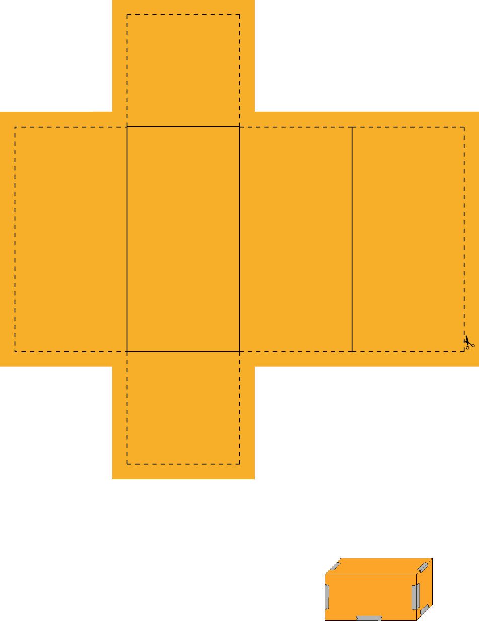 Ilustração. Planificação. Figura composta por quatro retângulos com linhas de dobra no meio. Acima e abaixo do segundo retângulo há um quadrado. Em volta há linhas pontilhadas para recortar.Abaixo, um paralelepípedo. As laterais estão coladas com fita adesiva. 