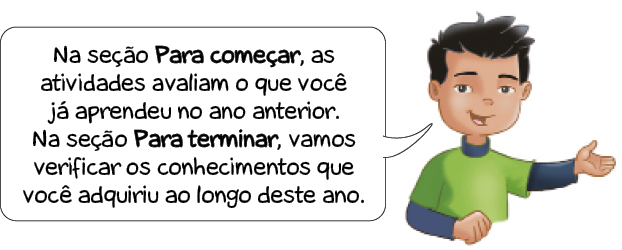 Ilustração. Caio sorri com a mão esquerda virada para cima. Ele fala: Na seção Para começar, as atividades avaliam o que você já aprendeu no ano anterior. Na seção Para terminar, vamos verificar os conhecimentos que você adquiriu ao longo deste ano. 