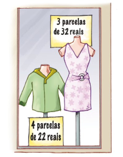 Ilustração. Uma vitrine com uma blusa verde (4 parcelas de 22 reais) e um vestido florido (3 parcelas de 32 reais). 