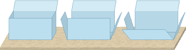 Ilustração. À esquerda, uma caixa azul com formato de paralelepípedo. No centro, as laterais da caixa estão abertas. À direita, as laterais da caixa estão para baixo.