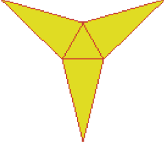 Planificação. Ilustração. Três triângulos compridos em volta de um triângulo pequeno. 