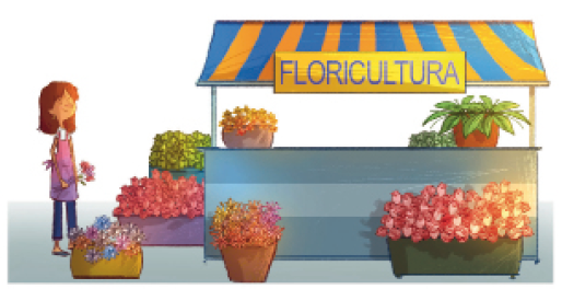 Ilustração. Uma mulher está segurando flores e sorrindo. Na frente dela há várias flores e uma barraca com a informação: FLORICULTURA. 