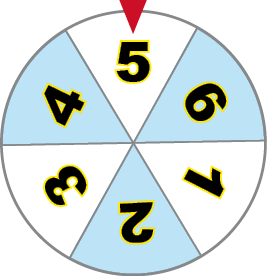 Ilustração. Uma roleta dividida em seis partes com os números 1 (branco), 2 (azul), 3 (branco), 4 (azul), 5 (branco), 6 (azul). Na parte superior há uma seta sobre o número 5.