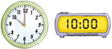 Ilustração. Relógio com o ponteiro pequeno no número 10 e o ponteiro grande sobre o número 12. Ao lado, relógio digital indicando 10:00. 