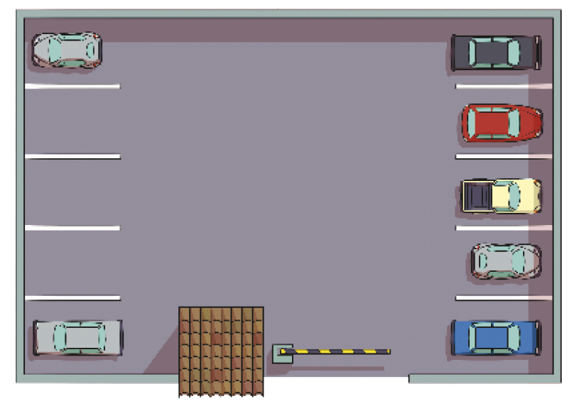 Ilustração. Vista de cima de um estacionamento. À esquerda há cinco vagas e dois carros cinza nas pontas. À direita há cinco vagas ocupadas com um carro preto, vermelho, amarelo, cinza e azul de cima para baixo.
