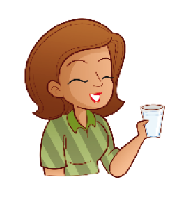 Ilustração. Uma mulher com cabelo castanho e camisa verde está sorrindo e segurando um copo com água. 