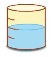 Ilustração. Um copo medidor com três riscos. Dentro há água até o segundo risco. 