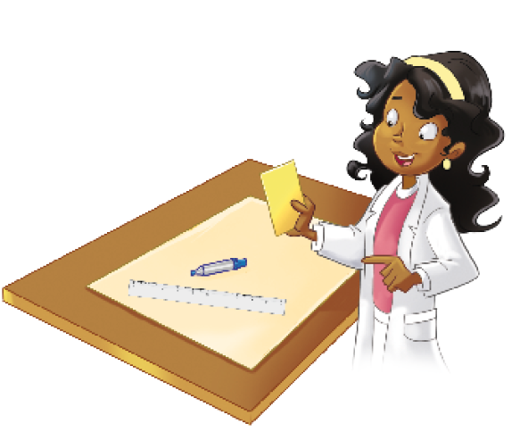Ilustração. Clara, mulher com cabelo ondulado e jaleco branco está segurando um papel com formato de retângulo. Na frente dela há uma caneta e uma régua sobre uma cartolina em uma mesa.