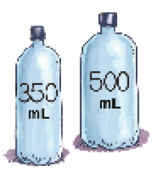Ilustração. Uma garrafa com 350 mL e uma garrafa com 500 mL.