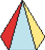 Ilustração. Pirâmide com base hexagonal. A lateral esquerda é vermelha, o centro é azul e a lateral direita é amarela. 
