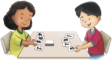 Ilustração. A menina está virando as cartas sobre a mesa. Na frente dela, as cartas com os números: 4, 9, 8, 2. Em seguida, o menino também está virando as cartas sobre a mesa. Na frente dele, as cartas com os números: 1, 9, 7, 3.