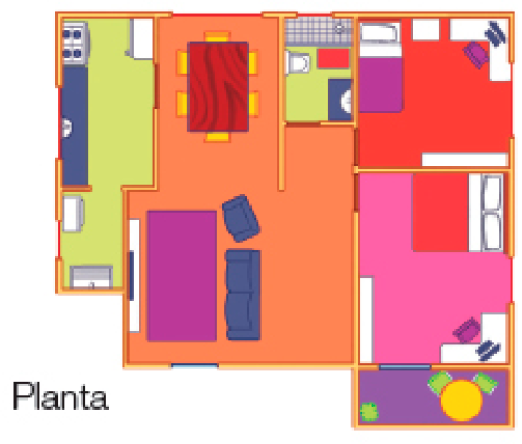 Ilustração. Planta de uma casa. À esquerda, uma cozinha. No centro, uma sala e um banheiro. À direita, dois quartos e uma varanda. 