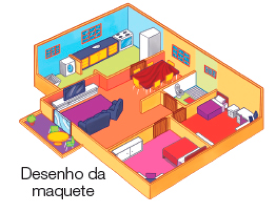 Ilustração. Desenho da maquete. À esquerda, uma cozinha. No centro, uma sala, um banheiro e uma varanda. À direita, dois quartos.