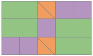 Ilustração. Mosaico de Paula, composto por quatro retângulos verdes, quatro triângulos laranja e cinco quadrados roxos. 