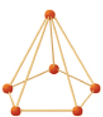 Ilustração. Pirâmide com base pentagonal composta por dez palitos e seis bolinhas de massinha de modelar vermelha. 