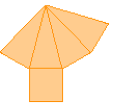 Planificação. Ilustração A. Quatro triângulos lado a lado e abaixo do segundo há um quadrado. 