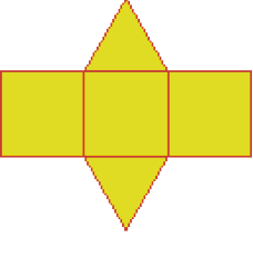 Planificação. Ilustração. Três quadrados enfileirados e acima e abaixo do segundo há um triângulo. 