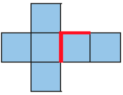 Planificação. Ilustração. Quatro quadrados enfileirados. Acima e abaixo do segundo há um quadrado. Destaque para a linha lateral esquerda e superior do terceiro quadrado enfileirado.