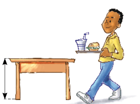 Ilustração 2. Um homem está segurando uma bandeja com lanche e andando em direção a uma mesa média, menor do que ele. 