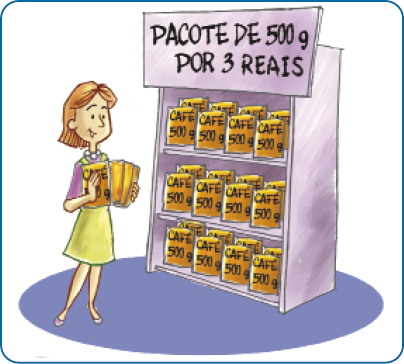 Ilustração. Lúcia, mulher ruiva está segurando quatro pacotes de café com 500 g cada. Na frente dela há uma prateleira com vários pacotes de café. Acima há uma placa com a informação: PACOTE DE 500 G POR 3 REAIS.