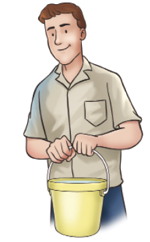 Ilustração. Um homem com camisa bege está sorrindo e segurando um balde amarelo.