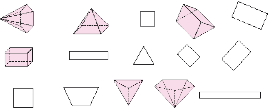 Ilustração. Uma pirâmide com base hexagonal, uma pirâmide com base quadrada, um quadrado, um prisma com base triangular, um retângulo, um paralelepípedo, um retângulo, um triângulo, um retângulo, um retângulo, um quadrado, um trapézio, uma pirâmide com base triangular, uma pirâmide com base pentagonal e um retângulo. As figuras pintadas de rosa são: Uma pirâmide com base hexagonal, uma pirâmide com base quadrada, um prisma com base triangular, um paralelepípedo, uma pirâmide com base triangular, uma pirâmide com base pentagonal.