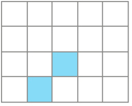 Ilustração. Malha quadriculada com cinco colunas e quatro fileiras. O quadrado da terceira coluna e terceira fileira está pintado de azul. E o quadrado da segunda coluna e quarta fileira está pintado de azul.