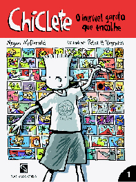 Capa de livro. Na parte superior, o título e na parte inferior, ilustração de um menino segurando um lápis. Ao fundo, histórias em quadrinhos.