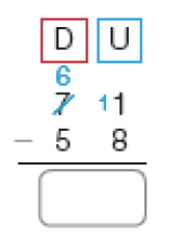 Conta de subtração na vertical. Acima, à esquerda, as dezenas (D) e à direita, as unidades (U). Abaixo, o número 71 (o número 7 está riscado com o número 6 em cima e ao lado do número 1 há o número 1 pequeno). Em seguida, sinal de subtração, e o número 58. Abaixo, traço horizontal e o resultado: espaço para resposta.