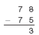 Conta de subtração na vertical. Acima, o número 78. Em seguida, sinal de subtração e o número 75. Abaixo, traço horizontal e o resultado: 3.