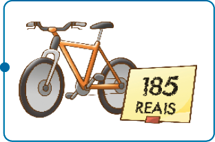 Ilustração A. Uma bicicleta amarela. Ao lado, placa com o preço: 185 reais. 