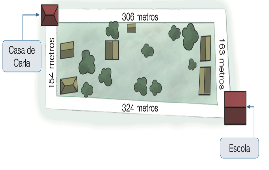 Ilustração. Vista de cima de um quarteirão. No canto superior esquerdo, a casa de Carla. Em volta há quatro ruas, formando um retângulo. A rua na parte superior (à direita da casa de Carla) tem 306 metros. A rua abaixo da casa de Carla tem 154 metros. Abaixo, rua com 324 metros e à direita, rua com 163 metros. No canto inferior direito, a Escola. No centro há casas e árvores.