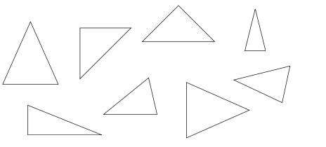 Ilustração. Oito triângulos com tamanhos e formas variados. 