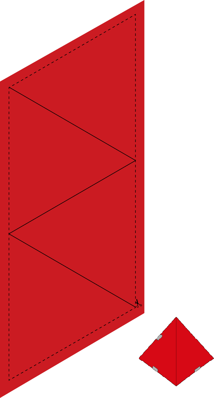 Ilustração. Planificação. Um trapézio composto por quatro triângulos com linhas de dobra no meio. Em volta há linhas pontilhadas para recortar.Abaixo, uma pirâmide com base triangular. As laterais estão coladas com fita adesiva. 