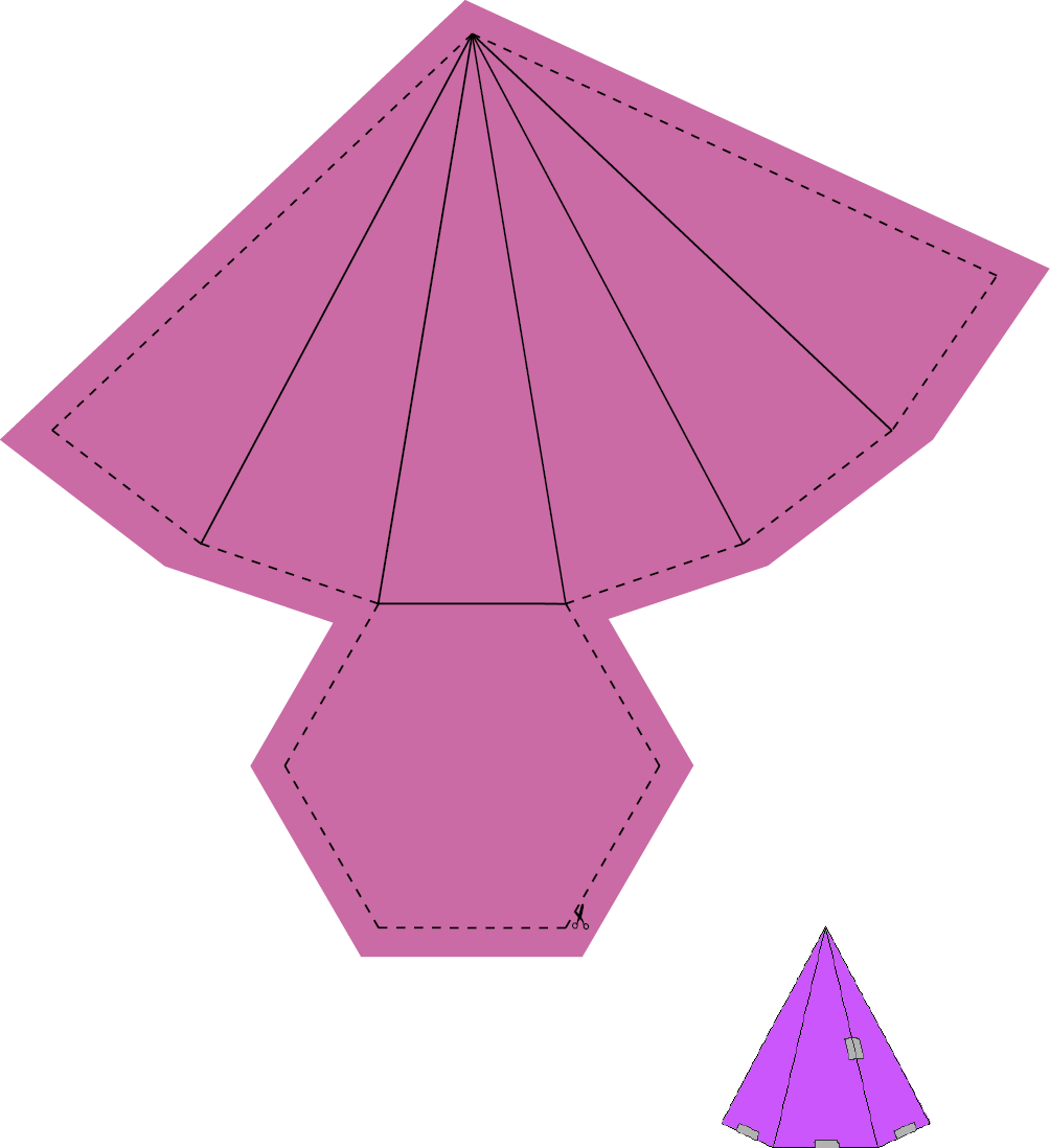 Ilustração. Planificação. Figura composta por seis triângulos com linhas de dobra no meio. E abaixo do terceiro triângulo há um hexágono. Em volta há linhas pontilhadas para recortar.Abaixo,  uma pirâmide com base hexagonal. As laterais estão coladas com fita adesiva. 