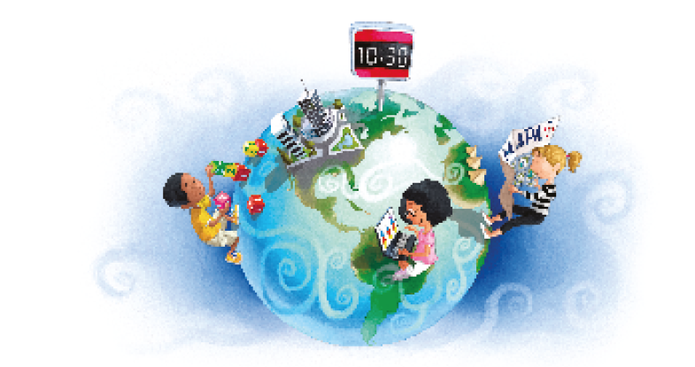 Ilustração. Jovens em volta do planeta Terra. À esquerda, um menino está empilhando blocos coloridos. À direita, uma menina está sentada com um notebook sobre as pernas e ao lado, uma menina está segurando e observando um mapa. Entre eles há uma cidade e um relógio de rua. 