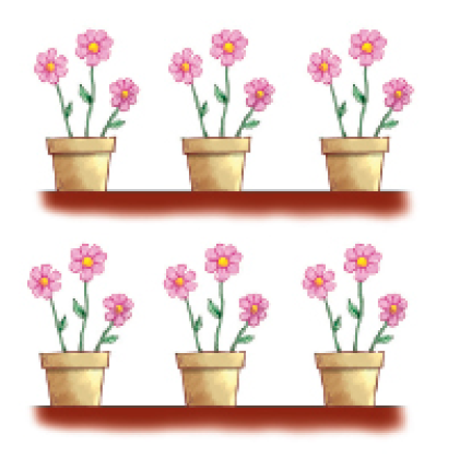 Ilustração. Seis vasos com três flores rosas em cada um.