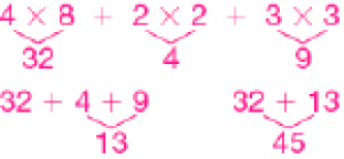 Esquema. 4 x 8 + 2 x 2 + 3 x 34 x 8 = 212 x 2 = 43 x 3 = 932 + 4 + 94 + 9 = 1332 + 13 = 45